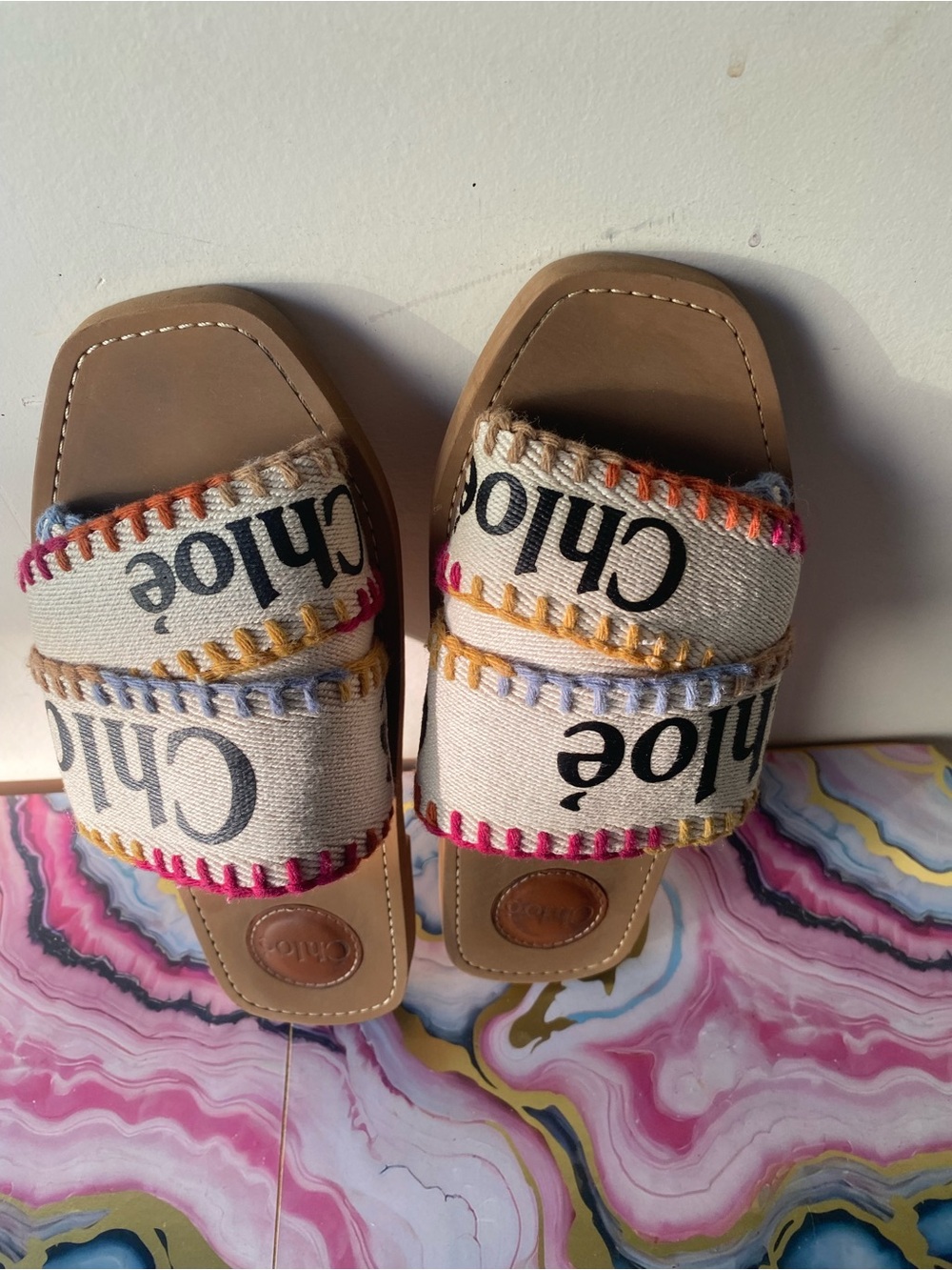 Chloe Woody Embroidered Canvas Logo Flat Slide Sandal Size 38 US 8 Boho - Picture 7 of 12
